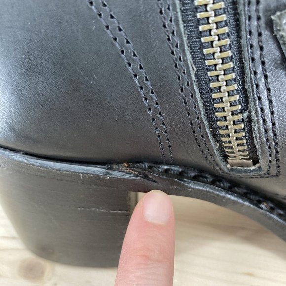 Frye Sabrina Double Buckle Black Leather Zipper Stacked Heels Mid Calf Boot 6M - Picture 12 of 16